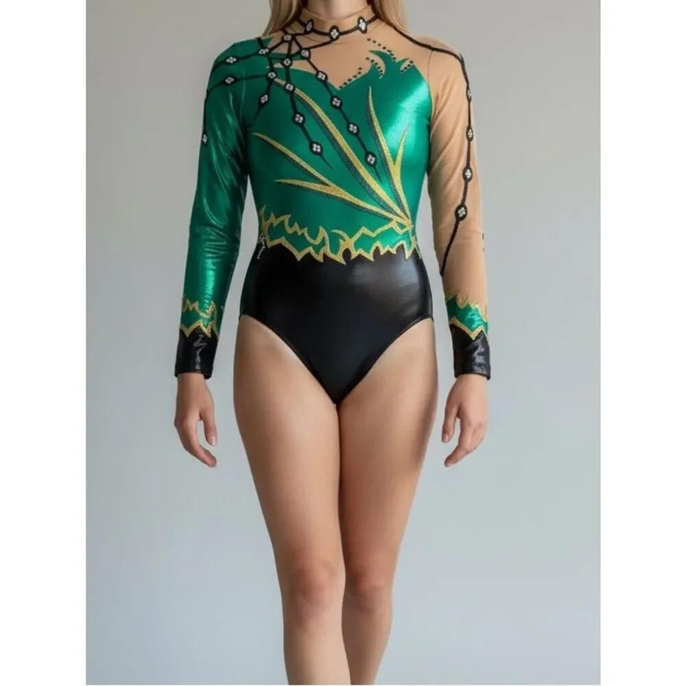 Illusion Custom gymnastics competition leotard rhythmic green rhinestone LC
